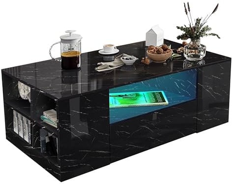 Blisswood Led Coffee Table with 2 Drawer Storage, High Gloss Coffee Table for Living Room Wooden Centre Table with RGB Led Lights Rectangle Tea Table for Living Room Furniture, Black Marble