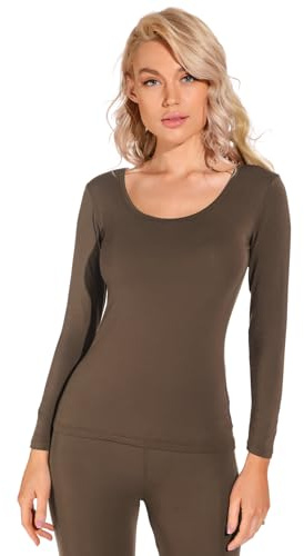 Liang Rou Women's Scoop Neck Ultra Thin Basic Long Sleeve Shirt Coffee Brown Small