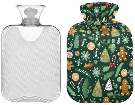 Winter Christmas Gingerbread Man Hot Water Bottle with Cover 1L Transparent Hot Water Bags Warm Water Bag for Menstrual Cramps, Neck and Shoulder Pain Relief