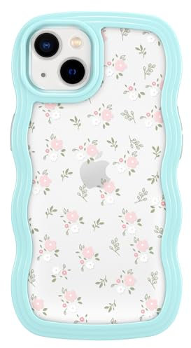 ZCDAYE Floral Case Compatible with iPhone 14, Aesthetic Flower Pattern Cute Curly Wavy Shape Phone Case for Women Girls,Soft TPU Shockproof Cover for iPhone 14 (6.1 inch),Blue