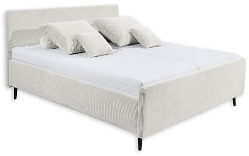 Stella Trading Peach Polsterbett Bettgestell 160x200, Ivory - Modernes Doppelbett in Cord-Optik mit Holzfüßen - 169 x 108 x 215 cm (B/H/T)
