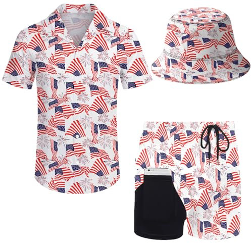 GIRPOL 2-teiliges Hawaii-Hemd und Shorts mit Hut, USA-Flagge, X-Large