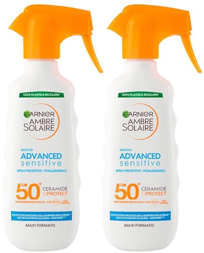 Garnier Ambre Solaire Advanced Sensitive Sonnenspray, LSF 50+, sehr hoher Schutz, für empfindliche Haut, hypoallergen, wasserfest, mit Ceramiden, stellt die Hautbarriere wieder her – 2 Flaschen à 270