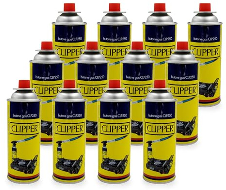 Clipper Cartuchos de Gas Butano 400ml para Hornillos y Quemadores, Compatible con la Mayoría de Hornillos de Camping (12 Cartuchos)