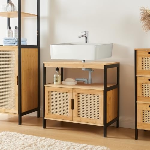 [en.casa] Waschbeckenunterschrank Tervola Badezimmerschrank mit Zwei Schranktüren Unterschrank Badschrank 60x60x35 cm Schwarz/Bambus