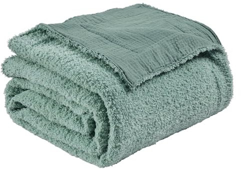 EMME Gewebte Musselin Decke Baumwolle & Fleece Sofadecke Tagesdecke, 150x200, Flauschig Kuscheldecke für Couch Weich Leichte Atmungsaktive Überwurfdecke,Türkisblau