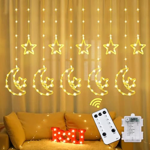 IEEILULU LED Stern Mond Lichterketten, 3.5m Sterne Mond Deko Licht, Eid Mubarak Licht LED mit 8 Blinkenden Modi, Lichtervorhang Innen Außen Deko für Ramadan, Hochzeit, Fenster (B)