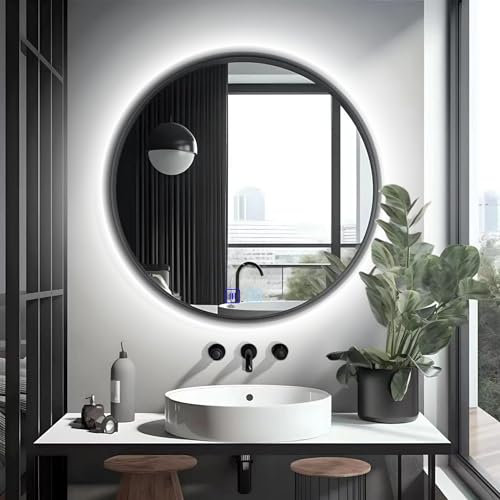 Bad-Wandspiegel rund 80 cm LED Beleuchtet mit RAHMEN LOFT ANTI-FOG 3 Lichtfarben Spiegel mit Farbeinstellung und Helligkeitseinstellung - Einstellbereich - IP44 - Groß Modern für Badezimmer