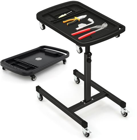TANGZON Work Table on Wheels, 2-in-1 Height Adjustable Tool Cart with Detachable Top Tray, 8 Wheels & Handle, Rolling Mechanic Tool Tray for Garage Warehouse Workshop, 60kg Capacity