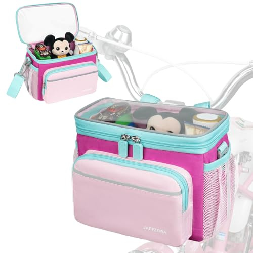 Jaffzora Panier de Vélo Enfant 2-en-1 – Sac de Guidon pour Garçons et Filles, Panier Avant Joli et Résistant à l’Eau avec Bandes Réfléchissantes, Amovible pour Vélo, Trottinette, Tricycle (Rose)