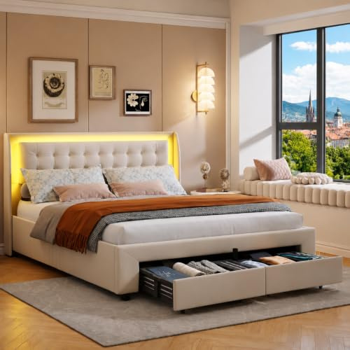 QLTXYHML Doppelbett, 180 x 200 cm, mit Gasrost und Aufbewahrungsschubladen, Rahmen aus Velours, beige, gepolstertes Kopfteil und praktisch, zur Aufbewahrung unter dem Bett