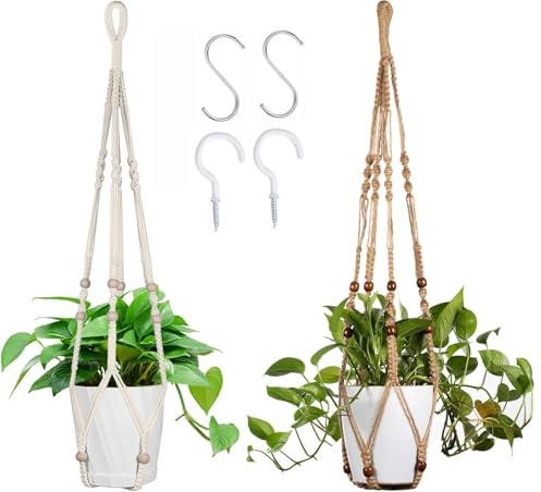 FonVan 2 Pezzi Vasi Sospesi in Cotone Macramè per Piante da Interno ed Esterno con Ganci a S e gancio a vite per Balcone, Giardino e Soffitto, Appendini per Piante per Interno Esterno