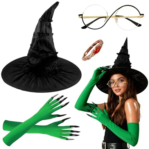 4 Stück Halloween Kostüm Damen Hexe, Hexenkostüm Damen, Witch Costume Women mit Hexenhut Damen, Lange Handschuhe, Gläser und Ringe, für Halloween Hexe Cosplay Dress Up Party