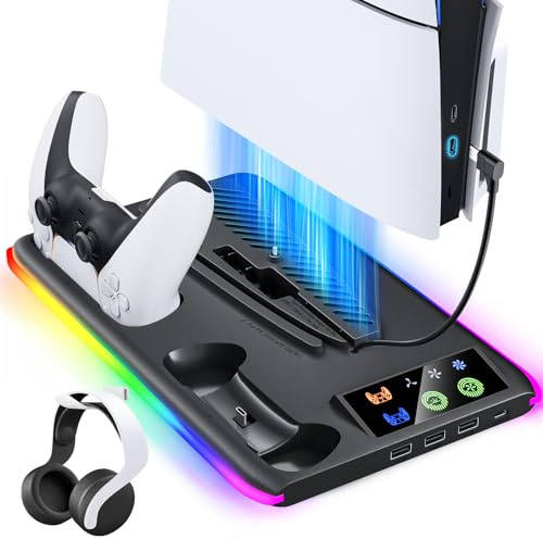 Caricabatterie controller per PS5/PS5 Slim/Pro: ventola di raffreddamento PS5 e stazione di ricarica per controller, supporto PS5/Slim/Pro Accessori dock di ricarica verticale per console PlayStation