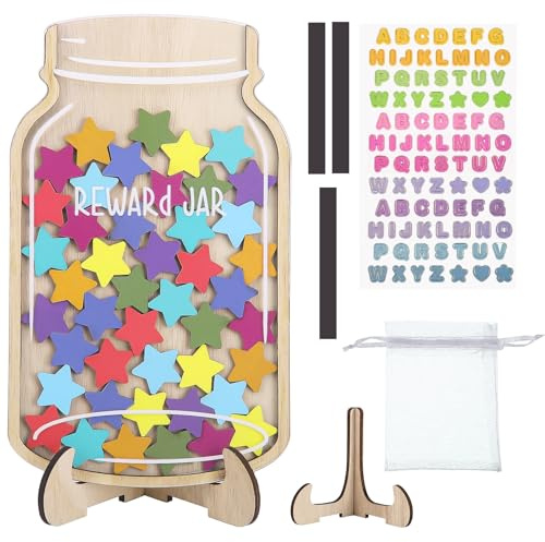 Yoosso Belohnungsglas Schüler, Belohnungssystem Klassenzimmer Magnetisches Belohnungsglas mit 45 Stern Holzhalter für Gutes Benehmen