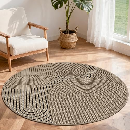 VSIWB Teppich rund 135 cm, Leichter Jute Aussehen Teppich, rutschfest Wohnzimmerteppich, Outdoor Teppich Waschbarer, Minimalistisch Boho Teppich Braun für Schlafzimmer, Wohnzimmer und Balkon