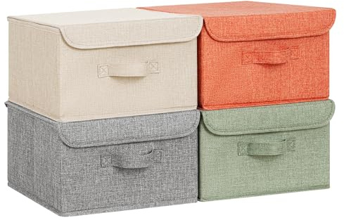 GRANNY SAYS Aufbewahrungsboxen mit Deckel, 4 Stück Kisten Aufbewahrung Stoff, Faltbare Organizer Box mit Deckel, Aufbewahrungskörbe für Kleidung, bunt Faltboxen mit Deckel für Kleiderschrank