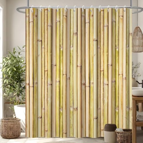UUZEAI Bambus-Duschvorhang 260 x 180 cm rustikaler Stil, Zen-Spa-Badezimmervorhang wasserdicht waschbar Polyester mit Haken, Gelb