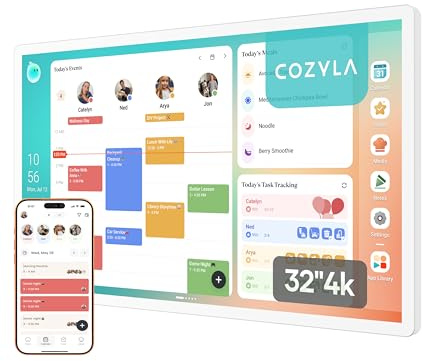 Cozyla Calendar Plus 2: 32 4K UHD Digital Calendar with Google Play Store | Customisable Dashboard, Smart Electronic Wall Touchscreen, Voice Agent, Chore Chart & Reward, Meals, Wall Mount, UK Adapter