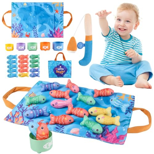 Juego de pesca para niños, juguete educativo Montessori con peces blandos y vasos apilables, juguete educativo de pesca para bebés para habilidades motoras finas y clasificación de colores, bebé