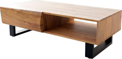 DELIFE Wohnzimmertisch New Live-Edge Akazie Natur 115x60 cm 2 Schubladen 1 Fach Kufe Metall Schwarz Couchtisch