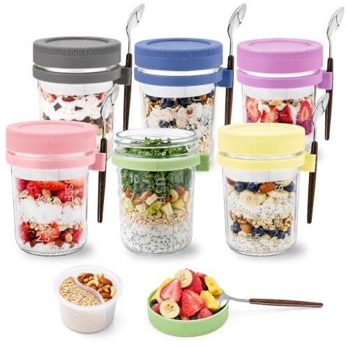 lompyeu 6 Piezas 470ml Tarros de Cristal con Tapa,Separadora & Cuchara | Frascos de Vidrio Botes Cristal con Tapa Diseño Hermético para Yogur,Cereales, Gachas y Ensaladas