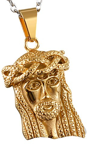 Cupimatch Herren Edelstahl Halskette, Gotik Jesus Kopf Anhänger mit 55cm silber Kette Halsband, gold
