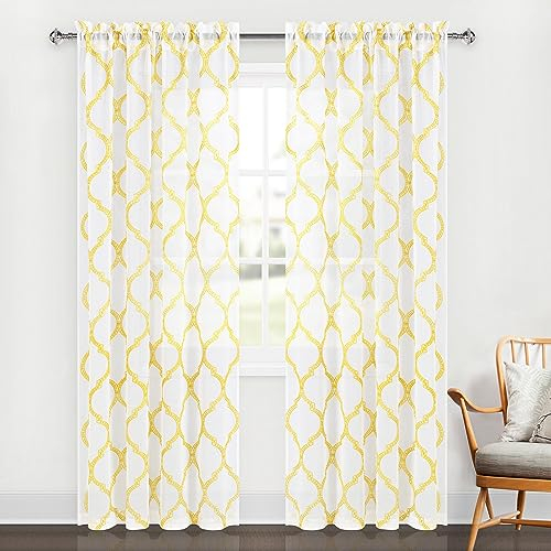 DWCN Marokkanische bestickte transparente Vorhänge, Kunstleinen, Stangentasche, geometrische Halbvole-Vorhänge, Schlafzimmer und Wohnzimmer, 2er-Set, Fenstervorhänge, 132 x 244 cm lang, Weiß und Gelb