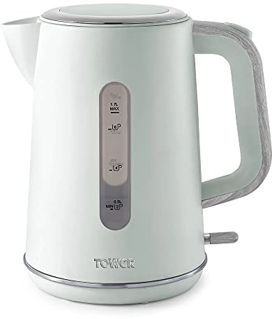 Tower Scandi T10037GRN Hard Plastic Kettle with Rapid Boil and Boil Dry Protection, 1.7L, 3kW, Sage Green with Wood Accents