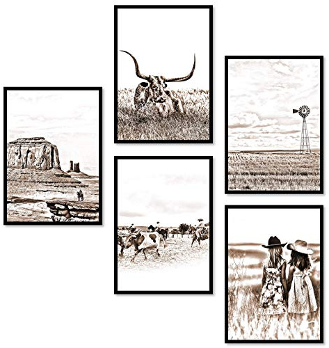 ZAUBERBILD Premium Poster Set Wandbild | Western Style Westernreiten Cowboy Cowgirl Pferd | 5x DIN A4 für Wohnzimmer