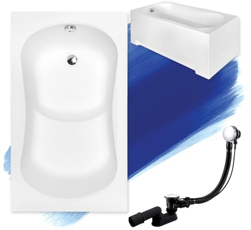 BADLAND Badewanne Original Weiß Acryl Wanne Rechteck ARIA REHAB 120x70 KOMPLETTSET SET mit Weiß Acrylschürze + Füßen und Exklusive Chrom Automatik Ablaufgarnitur Made in EU 4in1