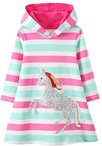 Baogaier Kinder Mädchen Kleid Kapuze Rosa Einhorn Pailletten Kapuzenpullover Pulloverkleid Baumwolle Langarm Pullover Kleider Hoodie Sweatshirt Hoodiekleider Kapuzenkleid Langarmshirt Tops 3-4 Jahre