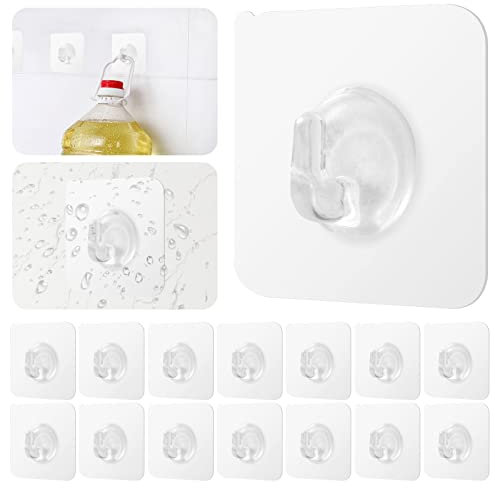 Juliyeh 15 Pcs Self Adhesive, Transparent Waterproof Stick on Hooks, Heavy Duty Wall Nail Free for Bathroom Kitchen Bedroom Office