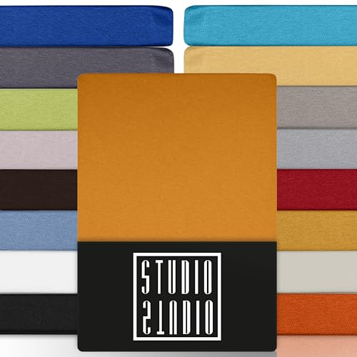 STUDIO Spannbettlaken 120x200cm - 130x200cm, Made in Green/EU, 100% Baumwolle, Markenqualität, Bettlaken Spannbetttuch Jersey 120x200-130x200 - Orange/Gold