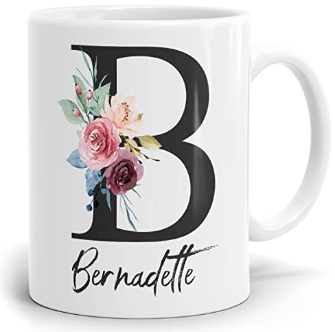 Personalisierte Tasse Keramik 0,3 L - Namens-Tasse mit Blumen Initial - Anfangsbuchstaben Namen - Personalisiert Geburtstag - Kaffeetasse - beidseitig bedruckt - Geschenke für Frauen