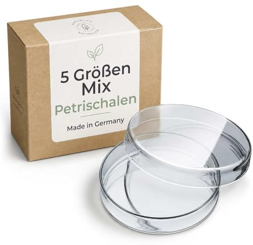 Tuuters Glas Petrischale 5 Stück mit Deckel (Ø Größenmix) Laborbedarf rund | Kulturschale für Aquarium, Garnelen, Nagetiere, Nährboden und Keimtest, Größenmix für Testreihen, Spülmaschine bis 121 Grad
