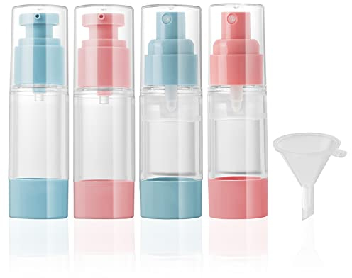 Pwsap 4 Stück 30ml (1 oz) Nachfüllbare Leer Airless Kosmetik Vakuum Spenderflasche, Kosmetikflasche in Reisegröße, Lotionsflasche und Sprühflaschen mit Einem Kleinen Trichter Geliefert, Rosa+Blau
