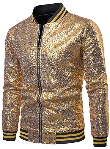 Mugoebu Herren Varsity Jacke Halloween Party Disco Shiny Sparkly Glitter Pailletten Bomberjacke Leicht glänzende Clubwear (Gold, Medium)