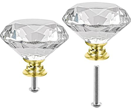 Kristall-Schrankknöpfe, 2 Stück, klares Glas, Diamantform, Schubladenknöpfe, 50 mm, Diamant-Kommode, Türknöpfe, Schrankgriffe, Schrankgriffe, für Küche, Büro, Schrankschubladen (Gold, 2 Stück)