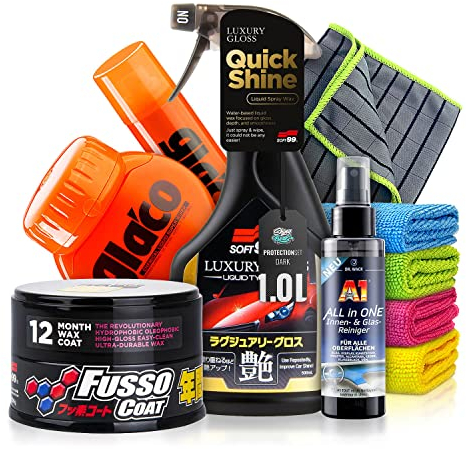 Versiegelung Set: Soft99 Fusso Coat Wax Dark + Glaco Komplettset + Detailer - Auto Lack, Scheiben, Spiegel & Kamera - Konservierung des Lacks, extremer Glanz & kristallkare klare Sicht | 10-teilig
