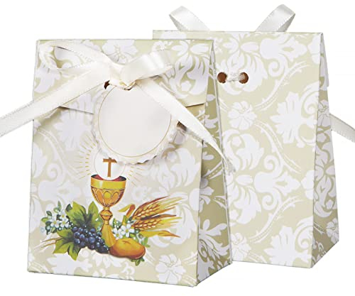 50 Stück 8x4x10cm Kommunion Geschenkboxen Beige Geschenkschachtel mit Geschenkanhänger und Bändern Geschenkkartons für Kommunion Gastgeschenkbox Konfirmation Sakrament Firmung usw.