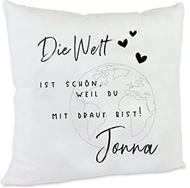 Kilala personalisiertes Kissen Spruch Die Welt ist schön Weil mit Drauf bist! Namenkissen Geschenk Freundin Reisekissen Abschied Freund (flausch/schwarz)