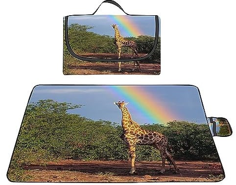 Picknickdecke Wasserdicht 150x200cm,Große Faltbare Tragbare Strandunterlage Picknickdecke,Ultraschall-Punktbügelprozess,Maschinenwaschbar Mehrzweck für Camping,Wandern,Park,Strand,Giraffe Regenbogen