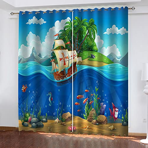 MAYNUO Verdunklungsvorhänge Kinderzimmer 3D Cartoon Piratenschiff Vorhang Kinderzimmer Blickdicht Gardinen Mädchen 140x160 cm Vorhänge Für Schlafzimmer Wohnzimmer, Verdunkelung Vorhänge Mit Ösen