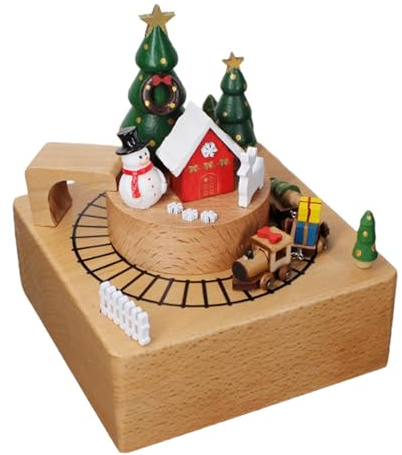 Baoblaze Weihnachts-Spieluhren aus Holz Spielen die Melodie „Frohe Weihnachten“ mit drehbarem Zug für die Heimdekoration von Ehefrau und Enkelin, Holzfarbe