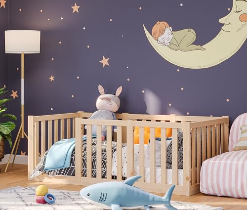 Bellabino Tapi Bett 80x160 cm, Kinderbett mit extra hohem Rausfallschutz, inklusive Lattenrost, Montessori Bodenbett für Jungen und Mädchen aus Kiefer Massivholz, Natur lackiert, Bed