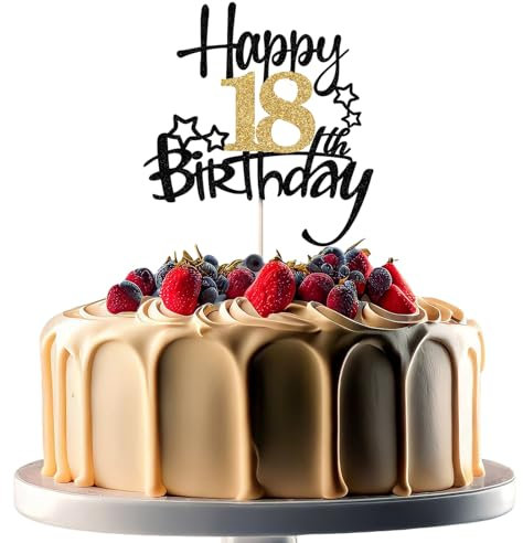 JEKUGOT 18th Birthday Cake Toppers, Black and Gold Glitter Cake Decorations, Happy 18th Birthday Cake Toppers for Boys and Girls Themed Party (1pcs)
