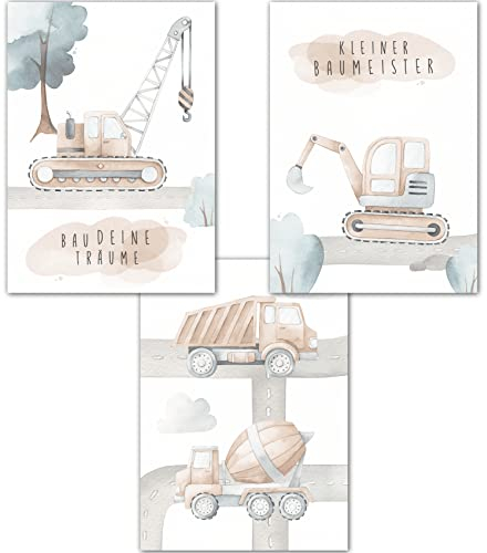 double critical Lemmami Papeterie 3er Set Wandbilder Kinderzimmer Babyzimmer Poster Bilder DIN A3 Jungen Deko Dekoration Bagger Baustelle Baumeister (3er Bilder Set, Pastell, Wanddeko)