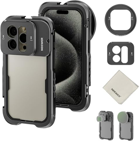 NEEWER 15 Pro Cage Phone Video Rig with Snap On 67mm Filter Adapter, 17mm Lens Backplane, Cold Shoe, 1/4 Tripod Mount, Cleaning Cloth, Metal Phone Stabilizer for Video Recoding TikTok, PA023