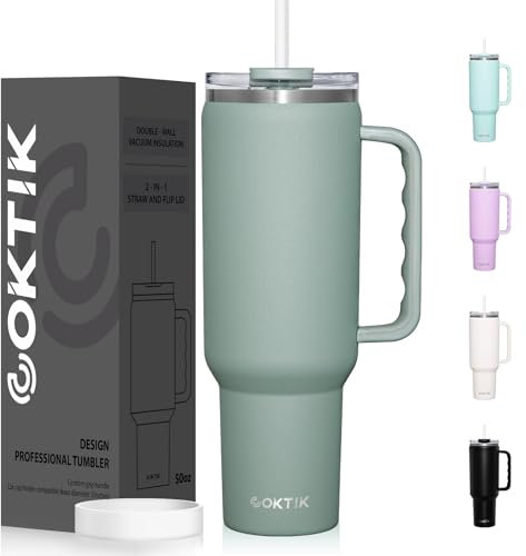 COKTIK 50 oz tumbler with handle and Straw Lid, Vacuum Insulated Travel Mug for Hot and Cold Beverages,Easy to Clean, Cupholder Friendly(Shale)
